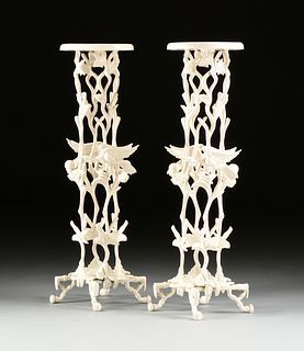 A PAIR OF HOLLYWOOD REGENCY STYLE WHITE ENAMELED ALUMINUM CHINOISERIE PLANT STANDS, BY KESSLER, STAMPED, 20TH CENTURY,
