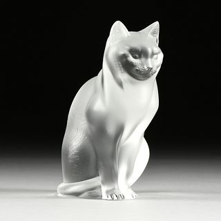 A LALIQUE FROSTED CRYSTAL "SEATED CAT" FIGURE, SIGNED, LATE 20TH CENTURY, 