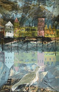 AMERICAN SCHOOL, A MODERNIST CITYSCAPE PAINTING, "Fish and a Hungry Bird," 1950-1960,