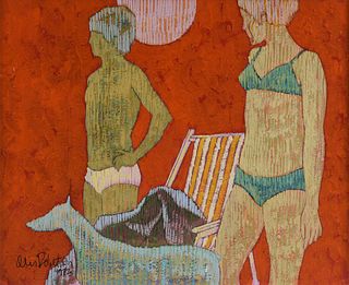 ORIS ROBERTSON (American/Texas 1937-2002) A PAINTING, "Beachgoers with Dog," 1972,