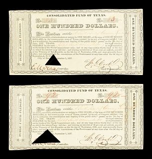 TWO REPUBLIC OF TEXAS NOTES, $100 CONSOLIDATED FUND OF TEXAS CERTIFICATE ISSUED TO ASHBEL SMITH ADMIN. FOR CHAUNCEY GOODRICH, SIGNED BY ELISHA M. PEAS
