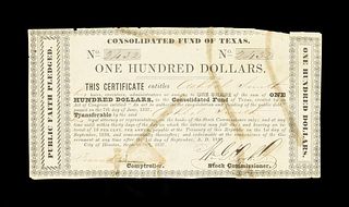 A REPUBLIC OF TEXAS $100 CONSOLIDATED FUND OF TEXAS CERTIFICATE, ISSUED TO ASHBEL SMITH, HOUSTON, SEPTEMBER 1, 1837,