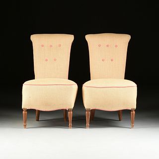 A PAIR OF VINTAGE FRENCH TUFTED HEMP CLOTH UPHOLSTERED SLIPPER CHAIRS, 20TH CENTURY,