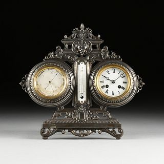 A VICTORIAN POLISHED CAST IRON DESKTOP BAROMETER, THERMOMETER, AND CLOCK STAND, LATE 19TH/EARLY 20TH CENTURY,