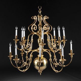 A DUTCH BAROQUE STYLE POLISHED BRASS SIXTEEN-LIGHT CHANDELIER, LATE 20TH CENTURY,