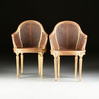 A PAIR OF LOUIS XVI STYLE GILT WOOD AND CANED BERGÃˆRES EN GONDOLE, 19TH CENTURY,