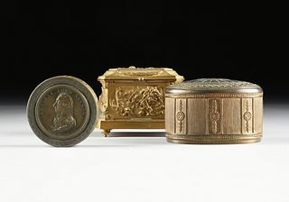 A GROUP OF THREE ANTIQUE ASSORTED GILT METAL BOXES, 19TH CENTURY,