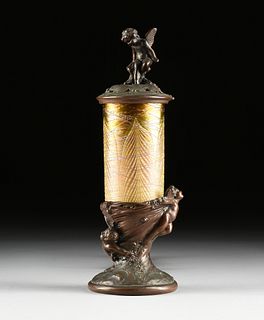 AN AMERICAN ART NOUVEAU GOLDEN LUSTER GLASS AND PATINATED METAL LAMP, BY WEIDLICH BROTHERS MFG. CO., CIRCA 1923,