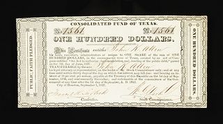 A REPUBLIC OF TEXAS $100 CONSOLIDATED FUND OF TEXAS CERTIFICATE, ISSUED TO JOHN KIRBY ALLEN, FOUNDER OF HOUSTON, SEPTEMBER 1, 1837,