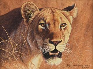 KIM BROOKS (British b. 1936) A PAINTING, "Lioness on the Hunt," 1984,
