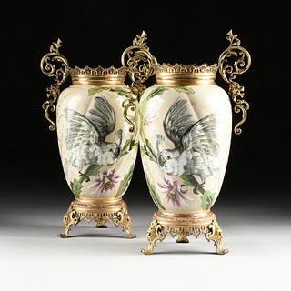 A PAIR OF AESTHETIC MOVEMENT GILT METAL MOUNTED AND COCKATIEL PAINTED FAIENCE VASES, MARKED, POSSIBLY ENGLISH, 1870s,