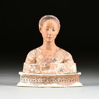 AN ITALIAN RENAISSANCE STYLE GILT AND PAINTED TERRACOTTA PORTRAIT BUST ON STAND, STAMPED, EARLY 20TH CENTURY,