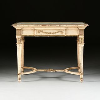 A LOUIS XVI STYLE ALABASTER TOPPED AND PAINTED CARVED WOOD CENTER TABLE, EARLY 20TH CENTURY,