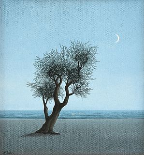 A BELGIAN SURREALIST STYLE PAINTING, "Tree and Moon," 20TH CENTURY,