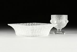 A LALIQUE "ROSES" SQUARE CRYSTAL BOWL AND "ELISABETH" CRYSTAL VASE, SIGNED, LATE 20TH CENTURY,