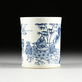 A CHINESE KANGXI STYLE BLUE AND WHITE PORCELAIN BRUSH POT, BITONG, QING DYNASTY, 1663-1912,