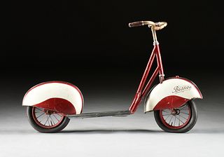 A VINTAGE ITALIAN VESPA STYLE CHILDREN'S RUBY RED AND WHITE PAINTED FENDERS CHILD'S PUSH SCOOTER, 1950s,
