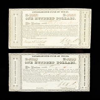 TWO REPUBLIC OF TEXAS NOTES, $100 CONSOLIDATED FUND OF TEXAS CERTIFICATE ISSUED TO DR. ANSON JONES, LAST PRESIDENT OF TEXAS, HOUSTON, SEPTEMBER 1, 183