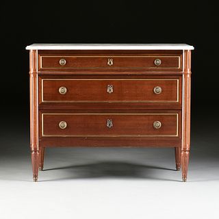 A LOUIS XVI STYLE MARBLE TOPPED AND BRONZE MOUNTED MAHOGANY COMMODE, LATE 20TH CENTURY,