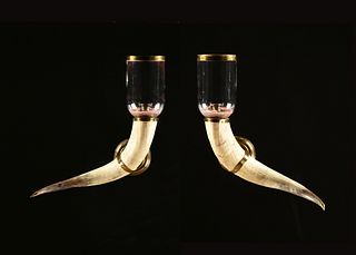 A PAIR OF BULL HORN BRASS AND GLASS MOUNTED SINGLE LIGHT SCONCES, EARLY/MID 20TH CENTURY,