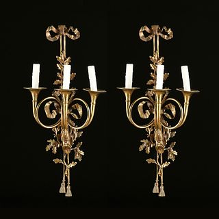 A PAIR OF LOUIS XVI STYLE GILT BRONZE THREE LIGHT HUNTING HORN SCONCES, EACH STAMPED, 19TH CENTURY,