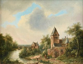JOHANNES MAURISZ JANSEN (Dutch 1812-1857) A PAINTING, "11:40 Midday Clouds with Riverside Townscape," 1840,