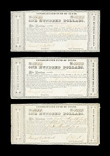 THREE REPUBLIC OF TEXAS $100 CONSOLIDATED FUND OF TEXAS CERTIFICATES, ISSUED TO JACK SHACKELFORD, SIGNED BY FRANCIS R. LUBBOCK AND WILLIAM G. COOKE, H