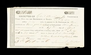 A LAND RECEIPT RECEIVED OF GAIL BORDEN JR. AT FIRST CONGRESS OF THE REPUBLIC OF TEXAS, FOR DANIEL JAMES MOODY, COLOMBIA, OCTOBER 3, 1836,