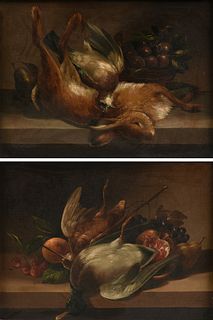 JULIETTE FELIX (French b. 1869) TWO PAINTINGS, "Nature Morte with Mallard, Cherries, Orange, Grapes, Pear, and Pomegranate," AND "Nature Morte: Hare w