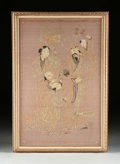 A CHINESE PARCEL GILT COLLAGE, "Family with Three Boys," REPUBLIC PERIOD (1912-1949),