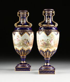 A PAIR OF SÃˆVRES STYLE GILT AND "JEWELED" BLEU DE ROI PORCELAIN VASES, LATE 19TH CENTURY,