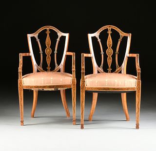 A PAIR OF EDWARDIAN PAINTED SATINWOOD SHIELD BACK ARMCHAIRS, CIRCA 1900,