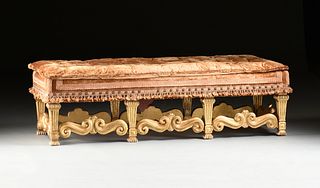 A LOUIS XIV STYLE TUFTED VELVET WITH SILK PASSEMENTERIE TRIM GILTWOOD BENCH, MID 20TH CENTURY,