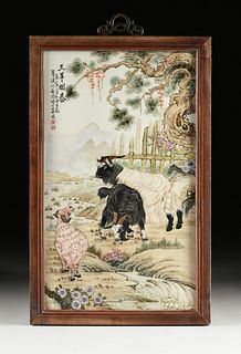 A QING DYNASTY FAMILLE ROSE ANIMAL COUPLET POEM PORCELAIN PLAQUE, "Family of Goats in Landscape," 1644-1912,