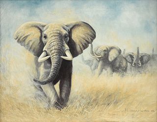 KIM BROOKS (British b. 1936) A PAINTING, "Charging Elephant," SEPTEMBER 1974,