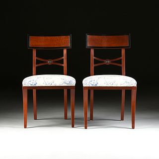 A SET OF TEN BAKER EMPIRE STYLE EBONIZED AND BURLED WOOD DINING CHAIRS, MODERN,