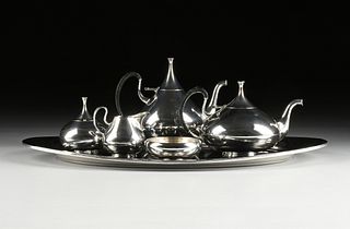 A SIX PIECE REED & BARTON SILVER-PLATED "DIMENSION" TEA/COFFEE SET, MARKED, 20TH CENTURY,
