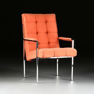 after MILO BAUGHMAN (American 1923-2003) A MID-CENTURY TUFTED UPHOLSTERY AND CHROME ARMCHAIR, 1960s, 