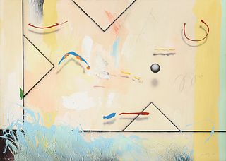 ITALIAN SCHOOL, A MEMPHIS GROUP STYLE POSTMODERN PAINTING, "Geometric Landscape with Shadows," 1988,