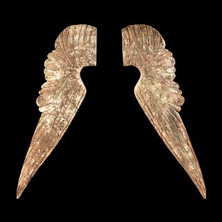A PAIR OF MONUMENTAL PAINTED AND GILT WOOD WINGS, POSSIBLY ITALIAN, 19TH CENTURY,