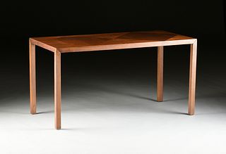 A VINTAGE LANE WALNUT PARQUETRY PARSONS TABLE, SIGNED, 1970,