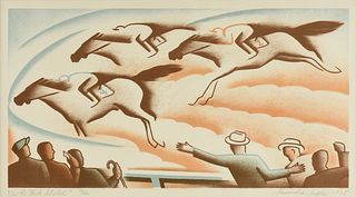 ALEXANDRE HOGUE (American/Texas 1898-1994) A PRINT, "On the Back Stretch," 1935,