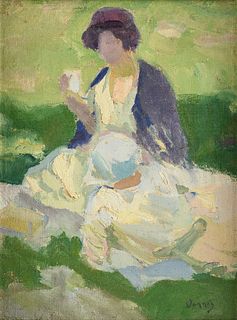 ROBERT VONNOH (American 1858-1933) A PAINTING, "Lady at Picnic," 