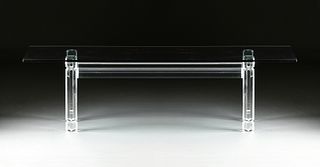 A KARL SPRINGER STYLE GLASS AND LUCITE DINING TABLE, MODERN,