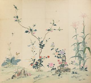 after YUN SHOUPING (Chinese 1633-1690) A PAINTING, "Peach Tree Flowering in Summer Landscape with Insects and Corn," QING DYNASTY (1644-1912),
