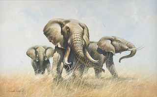 DOUGLAS VAN HOWD (American b.1935) A PAINTING, "Three Elephants in Grasses," 