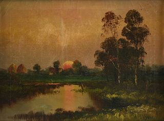 ALEXANDER HELWIG WYANT (American 1836-1892) A PAINTING, "Burning Sunset in Marsh Landscape,"