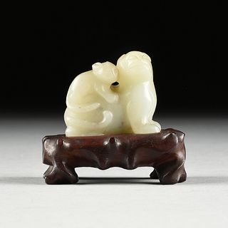 A  SMALL CHINESE PALE CELADON JADE LIONESS AND CUB GROUP, POSSIBLY YUAN/MING DYNASTY, 13TH/14TH CENTURY,
