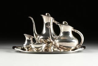 A MID-CENTURY MODERN GERMAN FOUR PIECE STERLING SILVER TEA/COFFEE SET, BY OTTO WOLTER, MARKED,