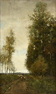 THEOPHILE DE BOCK (French 1851-1904) A PAINTING, "Shepherd with Sheep in Landscape,"